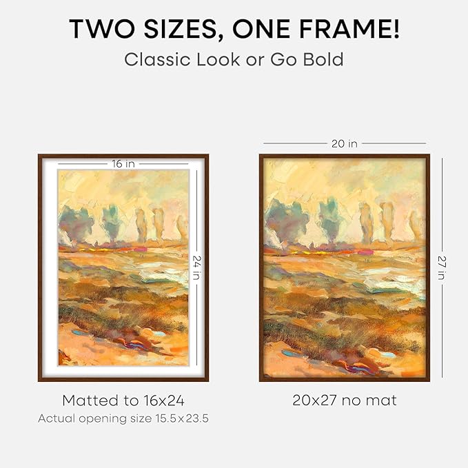 Homeforia 20x27 Picture Frame Brown, High End Dark Oak 20x27 Poster Wood Frame with Mat 16x24 for Photo, 20 x 27 Wooden Walnut Frame Matted to 16 x 24, 27x20 Frames, Tempered Glass, Wall Kit, Set of 1