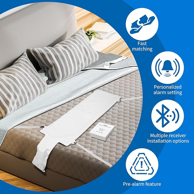 Briidea Wireless Bed Alarm for Elderly Adults, Fall Prevention Monitor, Bed Sensor Pad & Pager with Pre-Alarm Function, Give Early Warning, Two Modes Personalized Sensing