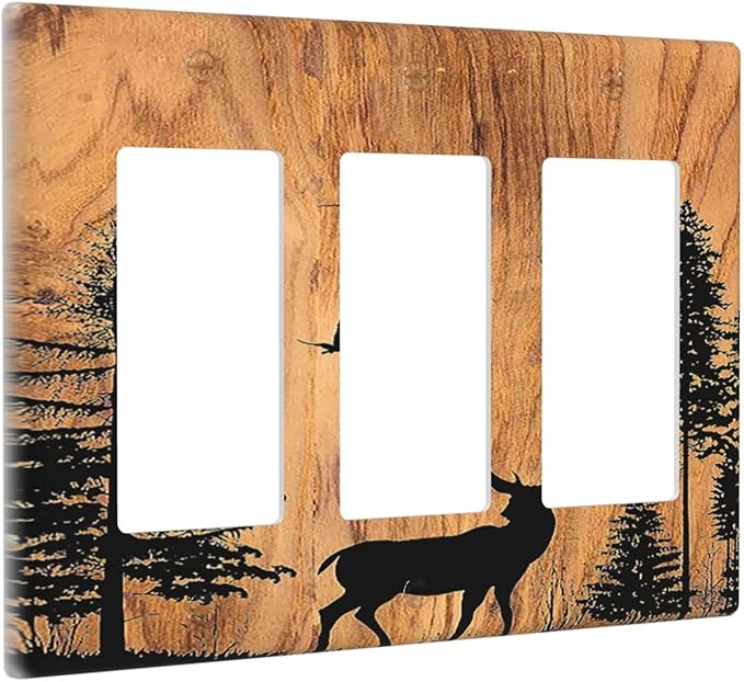 Light Switch Covers Rustic Farmhouse Orange Brown Pine Tree Deer Wood Grain 3 Gang Rocker Electrical GFCI Decorative Triple Outlet Wall Plate Cover Switchplate for living Room Cabin