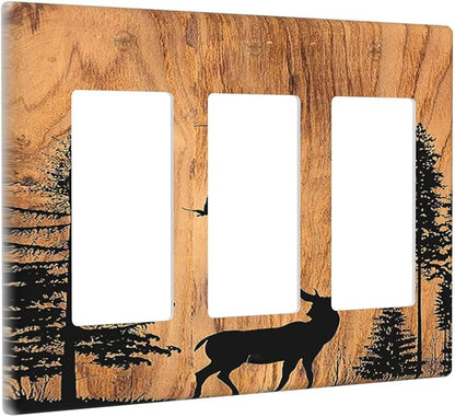 Light Switch Covers Rustic Farmhouse Orange Brown Pine Tree Deer Wood Grain 3 Gang Rocker Electrical GFCI Decorative Triple Outlet Wall Plate Cover Switchplate for living Room Cabin