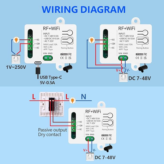 DieseRC Tuya 1 Channel WiFi Smart Switch, DC 5V 12V 24V 36V Passive Output Relay Module, with 2X RF Remote Control, Compatible with Alexa/Google Home