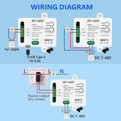 DieseRC Tuya 1 Channel WiFi Smart Switch, DC 5V 12V 24V 36V Passive Output Relay Module, with 2X RF Remote Control, Compatible with Alexa/Google Home