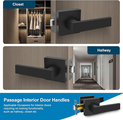 Passage Door Lever, 4 Pack Matte Black Interior Door Handles for Hallway and Closet, Heavy Duty Square Interior Keyless Door Handles Non-Locking Door Knobs for Right & Left Side Door