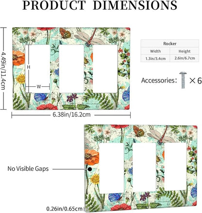 Dragonflies Flowers Butterfly 3 Gang Triple Rocker Outlet Light Switch Cover Decorative Wall Plate Cover For Home Living Bedroom Kitchen Decorative