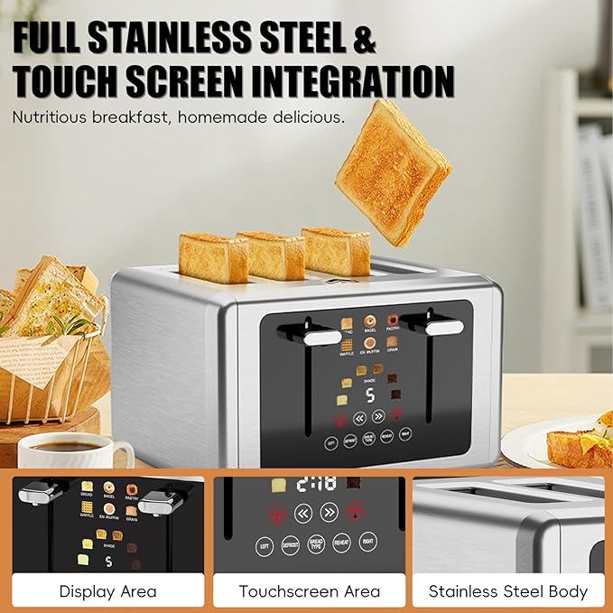 4 Slice Toaster, Touchscreen & Dual Independent Control Panel，5 Basic Functions & Digital Countdown Toasters, 6 Shade Settings＆6 Bread Types, Smart Bread Maker Mute/Screen-Off,Stainless steel