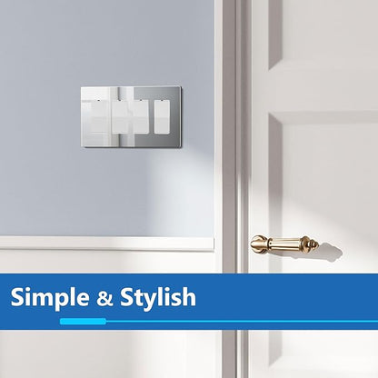 LIDER Quadruple Decorator Wall Plate, Impact Resistant, Mirrored Acrylic Plexiglass Reflective Finish Modern Upgrade Screwless Light Switch Outlet Cover Mid-Size 4-Gang 4.88" x 8.58" Silver