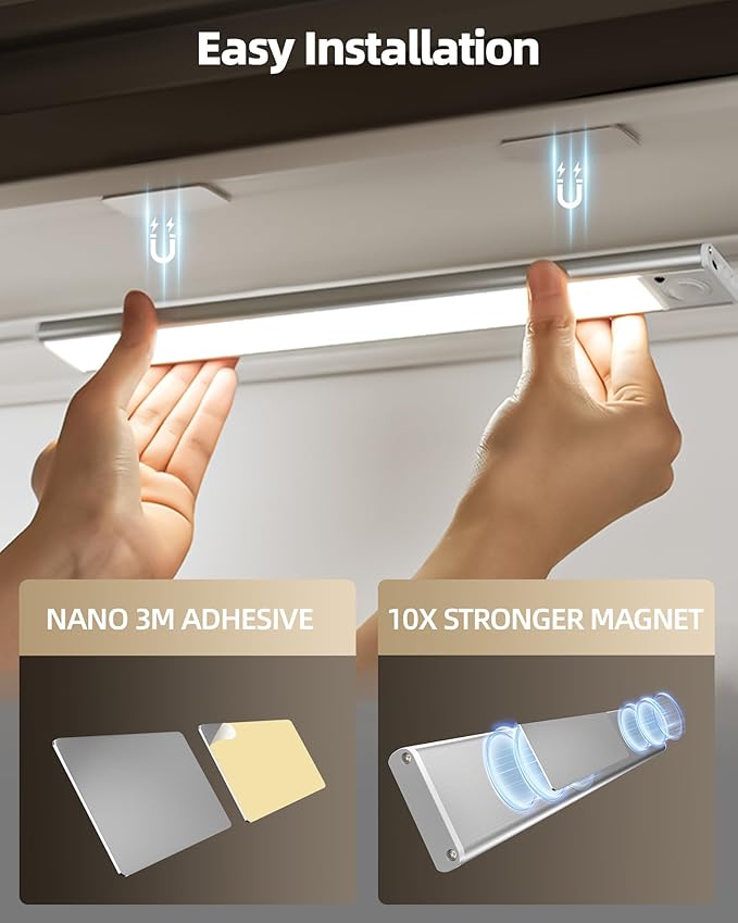 4Pack 12inch Under Cabinet Lighting, Rechargeable Motion Sensor Light Wireless Indoor, Dimmable 3 Color Temps Closet Lights with Remote, Indoor Under Counter LED Lights for Kitchen, Stairs
