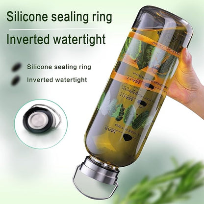 50 oz Glass Water Bottle with Time Markers – 1500ml Borosilicate Sport Bottle, Stainless Steel Handle & Strainer, BPA-Free, Leak-Proof (Leaf Green, Silver Lid)