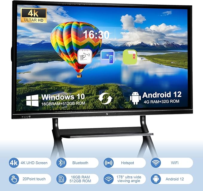 75'' Smart Board, 4K Electronic Digital Whiteboard with Dual System, 16+512 GB Interactive Whiteboard,Touchscreen Smart Board for Classroom, Office and Home (Wall Mount Included)