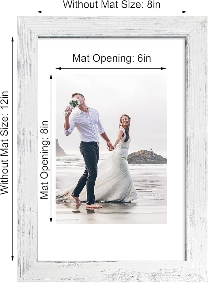 iRahmen 8x12 Picture Frame Set of 4 with High Definition Glass, Distressed White Frame Display 6x8 Picture with Mat or 8 x 12 Without Mat, Wood Rustic Photo Frames for Tabletop and Wall Mounting