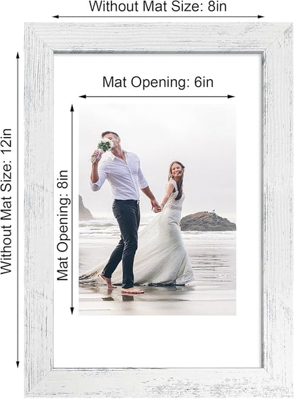 iRahmen 8x12 Picture Frame Set of 4 with High Definition Glass, Distressed White Frame Display 6x8 Picture with Mat or 8 x 12 Without Mat, Wood Rustic Photo Frames for Tabletop and Wall Mounting