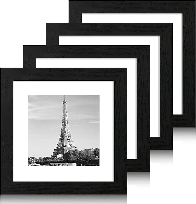 iRahmen 8x8 Picture Frames Set of 4 with High Definition Real Glass, Black Frames Display 6x6 Picture with Mat or 8x8 Without Mat, Wood Square 8 x 8 Photo Frame for Wall Mount and Tabletop Display