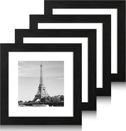 iRahmen 8x8 Picture Frames Set of 4 with High Definition Real Glass, Black Frames Display 6x6 Picture with Mat or 8x8 Without Mat, Wood Square 8 x 8 Photo Frame for Wall Mount and Tabletop Display