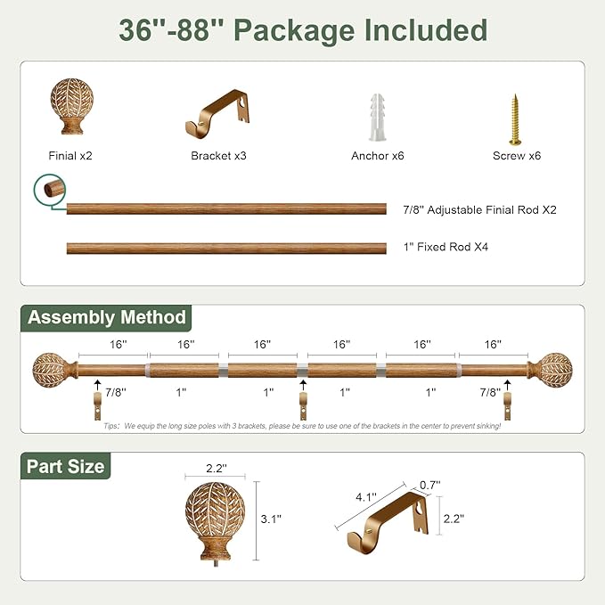 Imitation Wood Grain Curtain Rods for Windows 48 to 84 Inch,1 Inch Heavy Duty Adjustable Wood Curtain Rod,Boho Decorative Drapery Rods Set with Brackets,Size:36''-88''