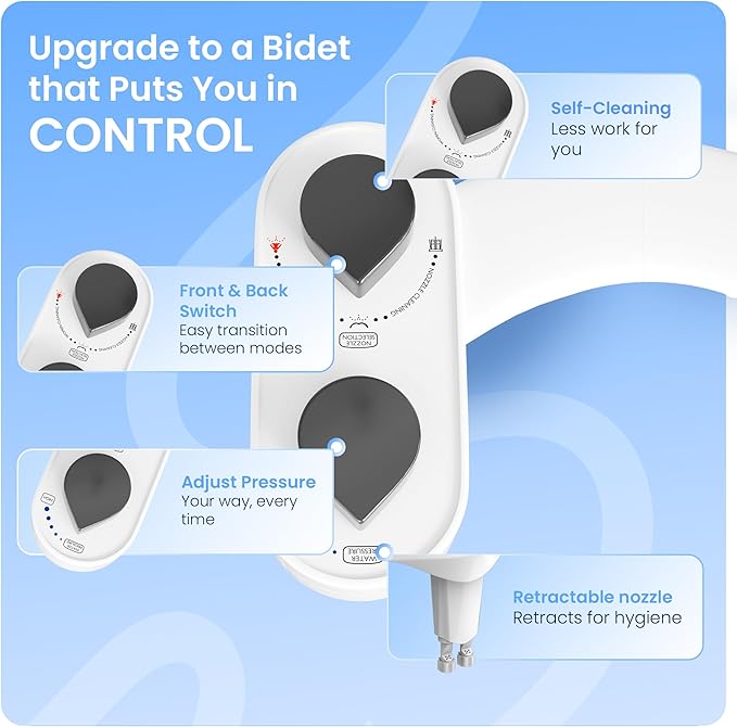 CLEAR REAR Bidet Attachment for Toilet Seat - Non-Electric, Self-Cleaning Dual Nozzle, Adjustable Water Pressure, Rear & Feminine Wash, Toilet Bidet Hygienic Bathroom Upgrade (White)