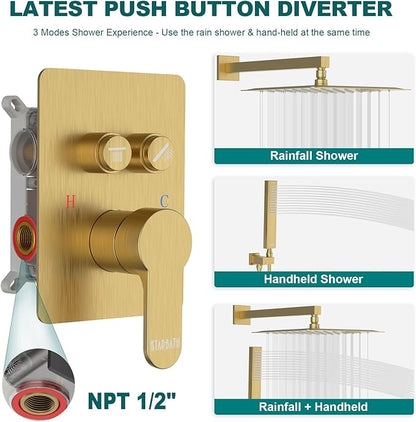 Brushed Gold Shower System, STARBATH 12 inch Rainfall Shower Head with Handheld Combo Set, Push Button Diverter 2 Functions Simultaneous Use, Bathroom Shower Faucet Set Rough in Valve Body and Trim