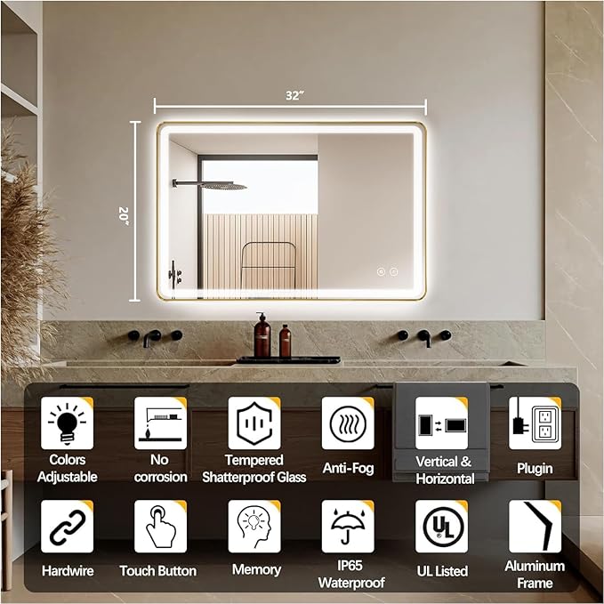 Rectangle LED Bathroom Mirror, 32"x20" Anti-Fog Double Touch Lighted Wall Vanity Mirror 45° Beveled Metal Frame Stepless Adjustable Color Temperature Smart Mirror 3000K-6000K, Gold