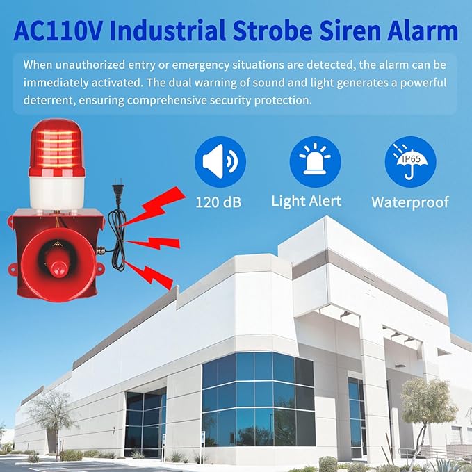 AC110V Industrial Siren Alarm Strobe Light-120dB Loud Horn&Red Beacon Warning Light,Waterproof Indoor/Outdoor Safety Alarm for Emergency,Factory,Office,Fires,Tornado,Intruders,Animal Deterrent