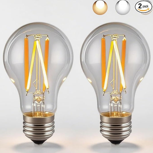 3 Color Temperature LED Bulb E26 Medium Base 60W Equivalent, 2700K Warm White and 6000K Daylight Color Changing Light Bulb 3CCT A19 LED 6W Clear Glass, Not Dimmable, 2 Pack