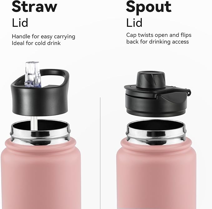 VEGOND 32 oz Insulated Water Bottle Bulk Stainless Steel Metal Water Bottles with Leak Proof Straw Lid & Spout Lid, Wide Mouth Double Walled Vacuum Travel Sports Bottle, 8 Pack