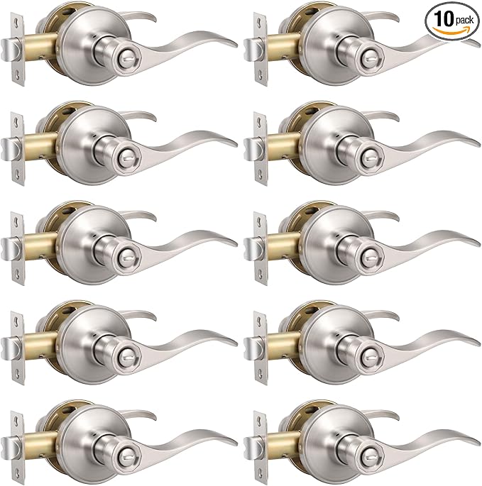 Knobonly 10 Pack Brushed Satin Nickel Door Lever Privacy Door Handles, Zinc Alloy Door Handle Interior, Keyless Lock for Bedroom or Bathroom