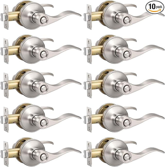 Knobonly 10 Pack Brushed Satin Nickel Door Lever Privacy Door Handles, Zinc Alloy Door Handle Interior, Keyless Lock for Bedroom or Bathroom