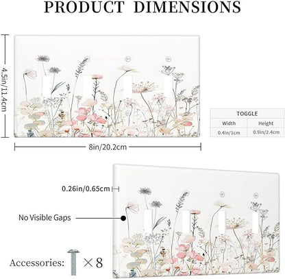 Floral Watercolor Wildflower Dandelion Plant Light Switch Covers Quad Toggle Electrical Faceplate 4 Gang Wall Plate Decorative Switch Plates for Farmhouse Bed Room Decor