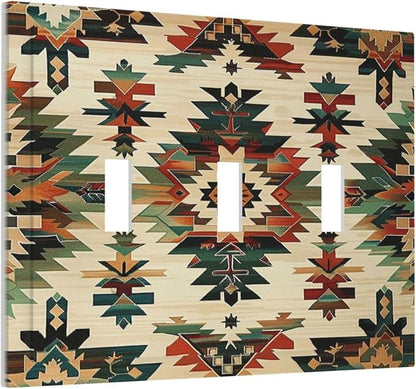 Decorative Switch Plates Southwest Rustic American Indian Aztec Boho 3 Gang Wall Plate Triple Toggle Light Switch Cover Faceplate Electrical Wall Panels for Bed Room living Room Decor