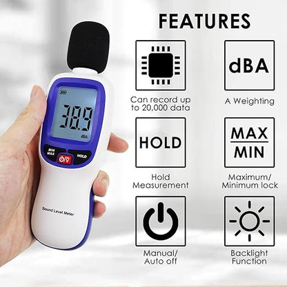 Decibel Meter Data Logger Bluetooth Sound Decibel Meter, Compatible with Smartphone for App Data Records 30dB to 130dBA Sound Level Meter Portable SPL Meter for Classroom Home Office