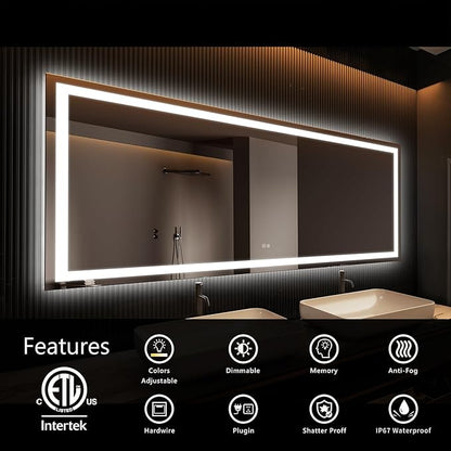 APRILSOUL 60x28 Inch LED Bathroom Mirror with Front and Backlit, Makeup Mirror with 3 Color Lights, Memory Function, Anti-Fog and Dimmable Light (Horizontal)