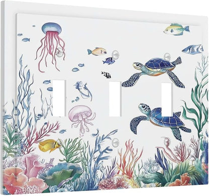 Blue Sea Turtle Ocean Fish Octopus Coral Decorative Switch Plates 3 Gang Wall Plate Triple Toggle Light Switch Cover Faceplate Electrical Wall Panels For Bathroom Kids Room Decor