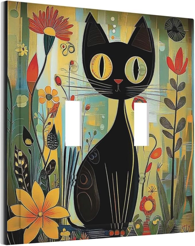 Funny Cat Retro Abstract Flowers Kitten Decorative Switch Plates 2 Gang Double Toggle Outlet Light Switch Cover Wall Plate Electrical Faceplate For Kids Room Bed Room Decor