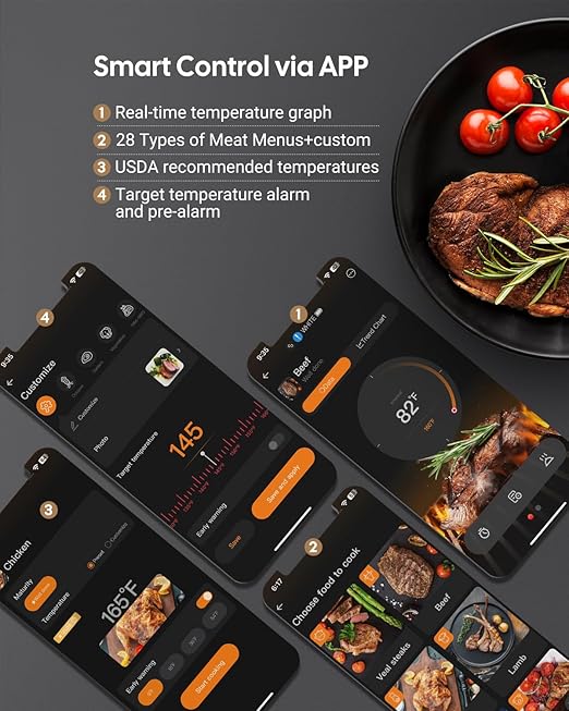 Wireless Meat Thermometer Dual Probes for Smoker, Fitflavor 5G WiFi Meat Thermometer Bluetooth Thermometer for Grill BBQ, Smart Meat Probe for Food Cook Oven Grilling Rechargeable