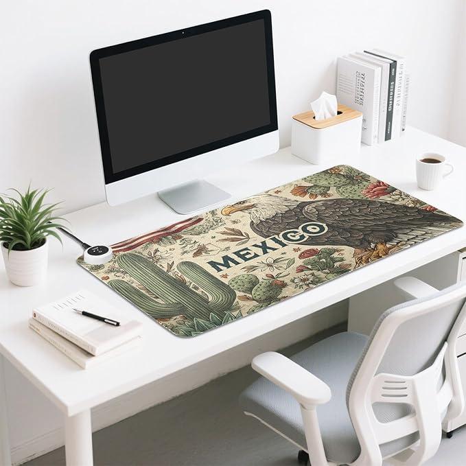 Heated Desk Pad Mouse Pad 31.5x13 Inch PU Leather Desk Mat with 3 Heat Levels Large Mouse Gaming Computer Laptop Mat Retro Mexico American Eagle Cactus Beige