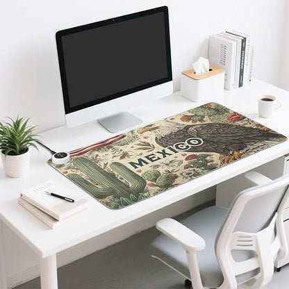 Heated Desk Pad Mouse Pad 31.5x13 Inch PU Leather Desk Mat with 3 Heat Levels Large Mouse Gaming Computer Laptop Mat Retro Mexico American Eagle Cactus Beige