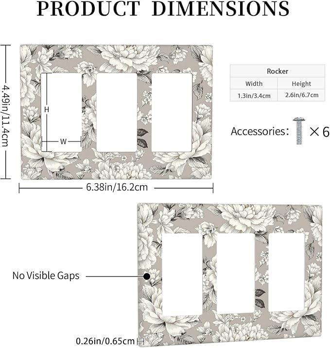 White Poppies Floral Modern Grey Peonies Flowers Light Switch Covers 3 Gang Rocker Decorative Triple Outlet Wall Plate Cover Electrical GFCI Switchplate for Bedroom Bathroom Decor