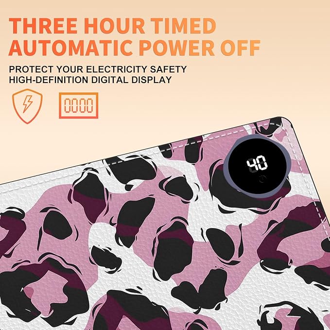 Heated Mouse Pad, Warm Desk Pad, Keyboard Mat 23.6 x 14 Inch Large Size Intelligent Fast Heating, 3 Speed Adjustable, Timed Auto Power Off for Game Office Home, Pink Leopard Print