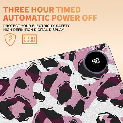 Heated Mouse Pad, Warm Desk Pad, Keyboard Mat 23.6 x 14 Inch Large Size Intelligent Fast Heating, 3 Speed Adjustable, Timed Auto Power Off for Game Office Home, Pink Leopard Print