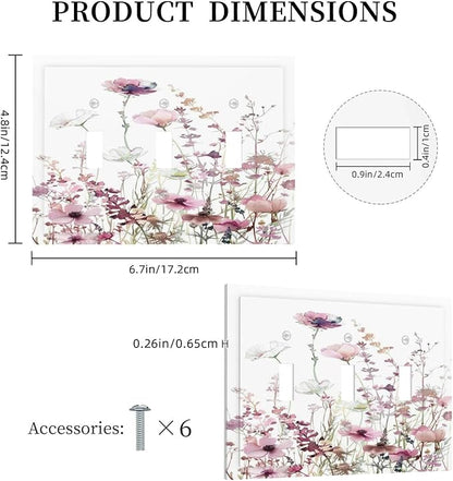 Floral Pink Watercolor Wildflowers Plant Flower Decorative Switch Plates 3 Gang Wall Plate Triple Toggle Light Switch Cover Faceplate Electrical Wall Panels for Bedroom Living Room Decor