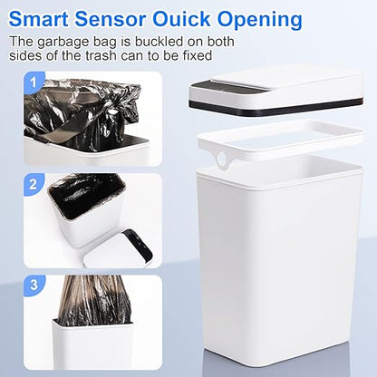 Bathroom Automatic Trash Can 3 Pack 2.2 Gallon Motion Sensor Touchless Small Slim Garbage Can with Lid Smart Electric Narrow Garbage Bin for Bedroom Living Room Office Kitchen (White)