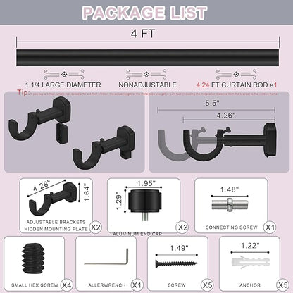 Heavy Duty Curtain Rods,1 1/4" Large Diameter Premium Nonadjustable Curtain Rod,48in/4ft Custom Window Treatment Rods with Durable Aluminum Brackets and End Caps,Black Finish