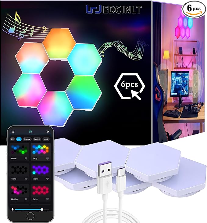 Smart Hexagon Lights DIY Hexagon Led Light App & Remote Controlled & Music Sync Features USB & Type C Modern RGB Wall Panels for Living & Gaming Decor (6Pack)