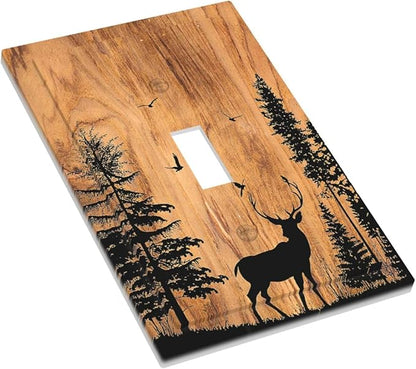Decorative Light Switch Cover Rustic Farmhouse Orange Brown Pine Tree Deer Wood Grain 1 Gang Single Toggle Device Electrical Faceplate Switchplates Decorator Outlet Wall Plate for Bedroom