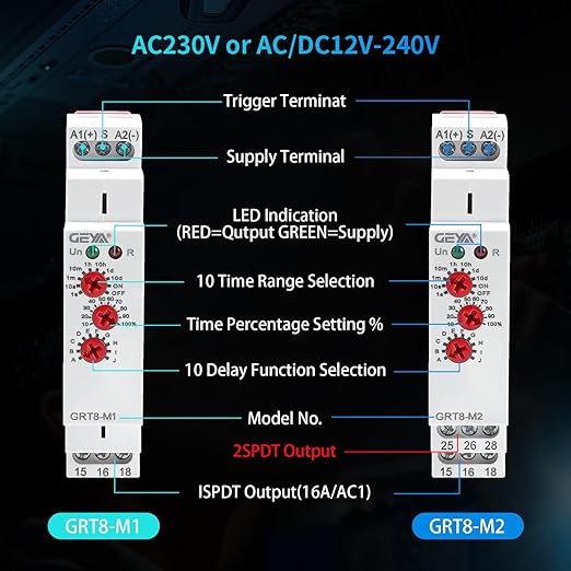 GRT8 M1 Multifunction Time Relay 16A AC 230V with 10 Relay Timer Control Delay Function Mode DIN Rail Electronic Relays of Wide Time Delay Range for 0.1 Seconds to 10 Days