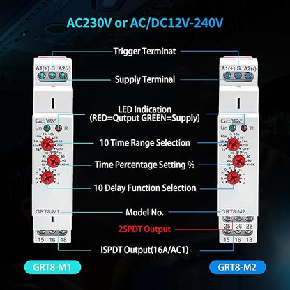 GRT8 M1 Multifunction Time Relay 16A AC 230V with 10 Relay Timer Control Delay Function Mode DIN Rail Electronic Relays of Wide Time Delay Range for 0.1 Seconds to 10 Days