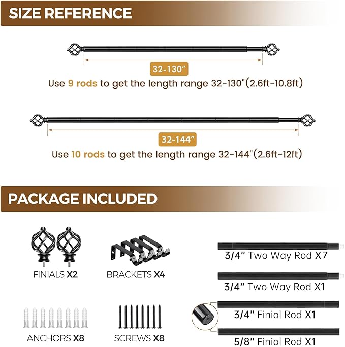KAMANINA Black Curtain Rods for Windows 72 to 144 Inch, Long Curtain Rod 32 to 144 Inches (2.6-12ft), 6/8 In Splicing Adjustable Single Drapery Rod with Twisted Cage Finial