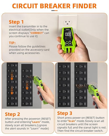 Tadeto Circuit Breaker Finder Tool with Outlet Tester, Quickly GFCI, Voltage, Electric Tester with Dual LCD Display, Light Socket and 3-2 Prong Grounding Adapter, Alligator Clip Adapter