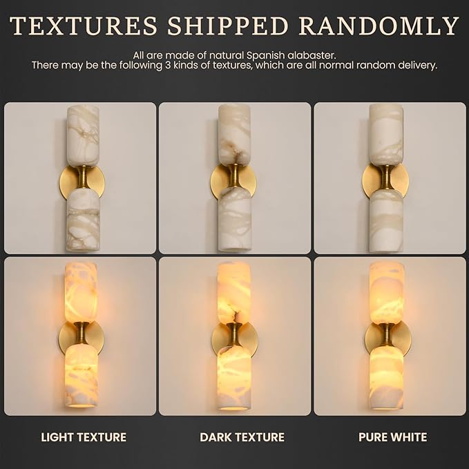 Alabaster Wall Sconces, 14" Modern Spanish Natural Marble Vanity Light, Dimmable Hardwired Brass Gold Wall Sconce Lighting for Bathroom Mirror, Bedroom, Living Room, Luxury Natural Stone Wall Fixtures