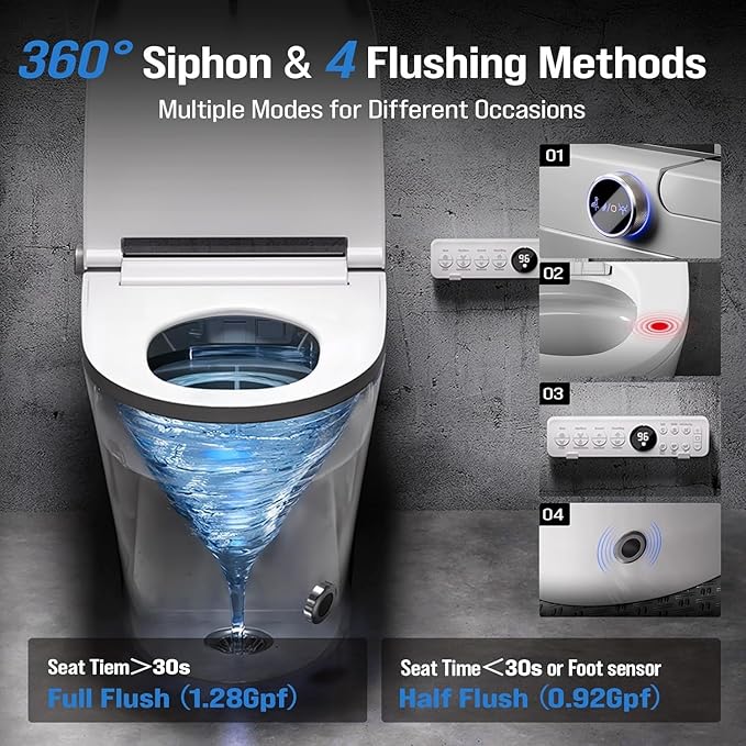 Smart Toilet with Built-In Bidet, Heated Seat & Dual Auto Flush, Foot Sensor, Tankless One-Piece Electric Toilet with Warm Water Wash, Air Dryer, LED Display & 1000g Powerful Flush, 1.28GPF