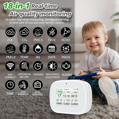 18-in-1 Smart Air Quality Monitor - Indoor WiFi Air Quality Detector with Dual Chip, Real-Time for AQI, CO2, PM2.5, PM1.0, PM10, TVOC, HCHO, Time Display, Temperature & Humidity with APP (White-White)